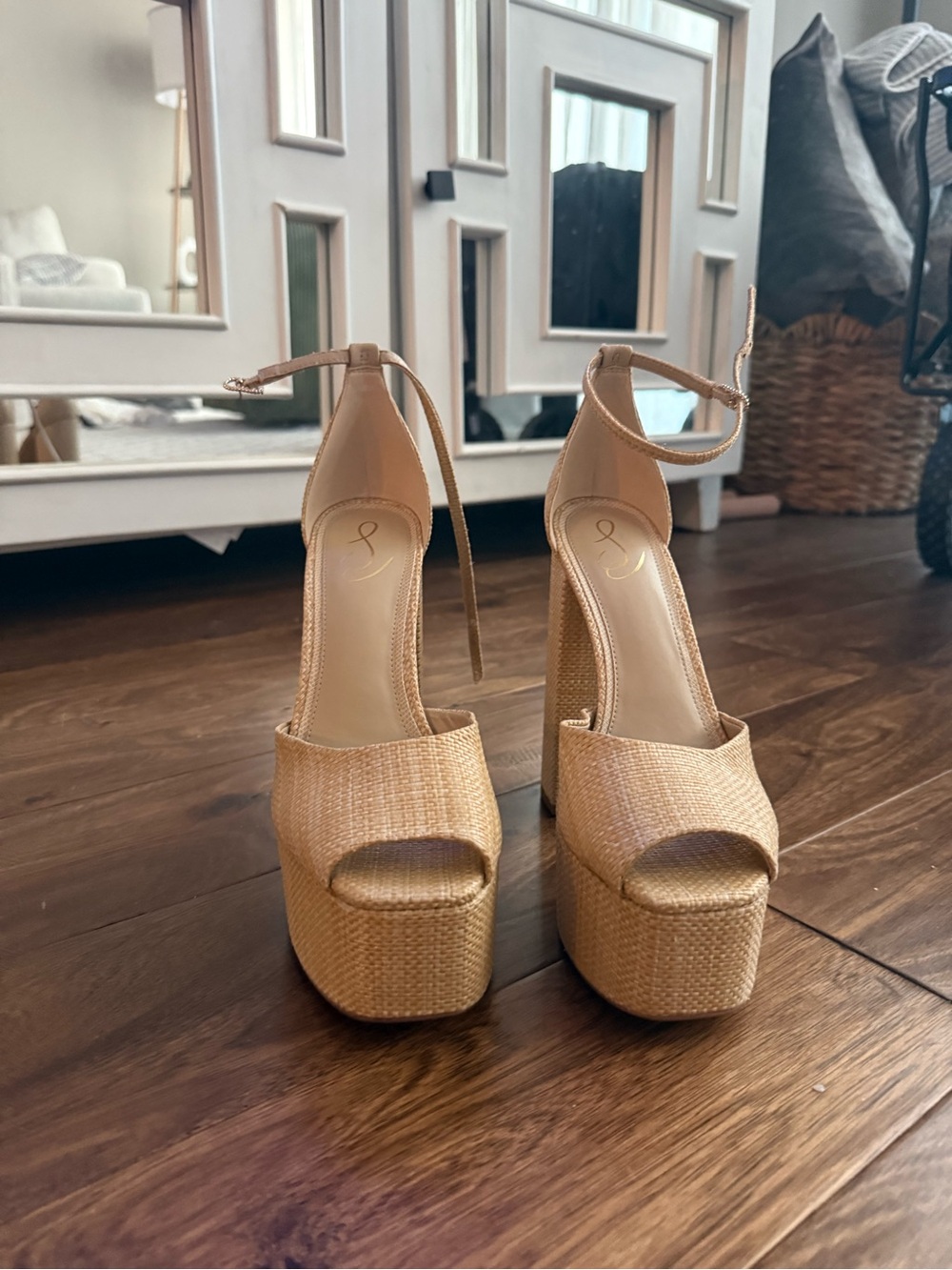 Sam Edelman Tan Woven Platform Ankle-Strap Sandals